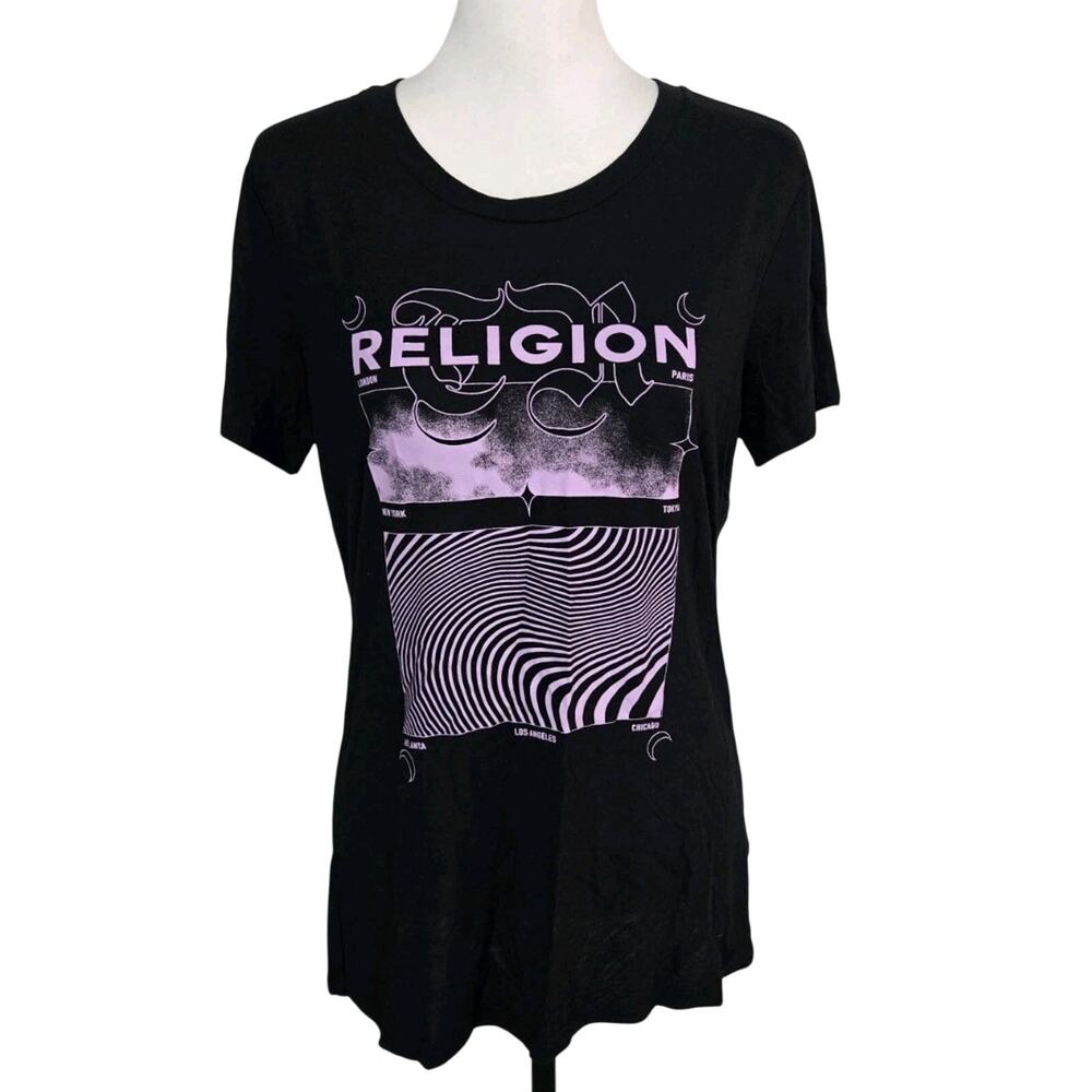 True Religion T Shirt Black Purple World Tour Crew Neck Top Womans Sz L